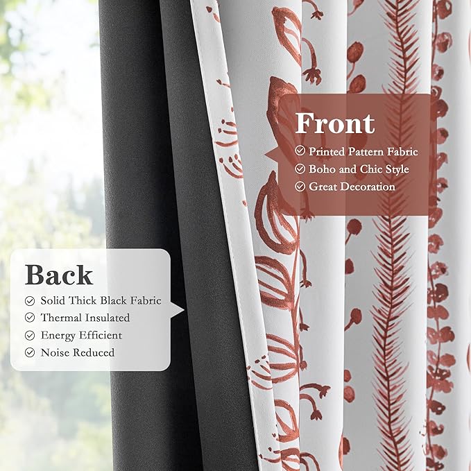 MEETSKY Boho Terracotta Blackout Curtains 63 Inches Long 2 Panels for Bedroom - Burnt Orange Curtains for Living Room Thermal Insulated Rod Pocket Drapes, Leaf Print Window Treatment, 50" Wide