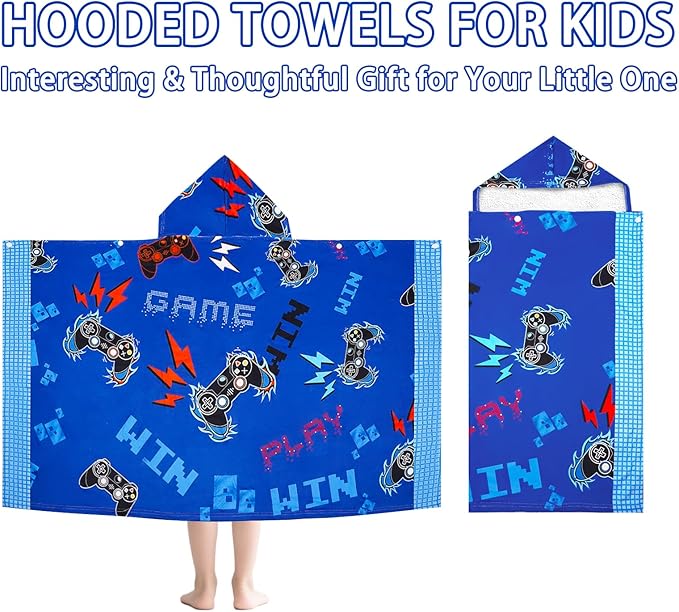 Hooded Beach Towel for Kids 3-10 Years- Soft Thick Cotton Video Gaming Gamepad Toddler Hood Bath Towels/Pool Terry Towel Poncho Wrap Absorbent Cute Bath & Swim Wrap for Boys & Girls-Blue