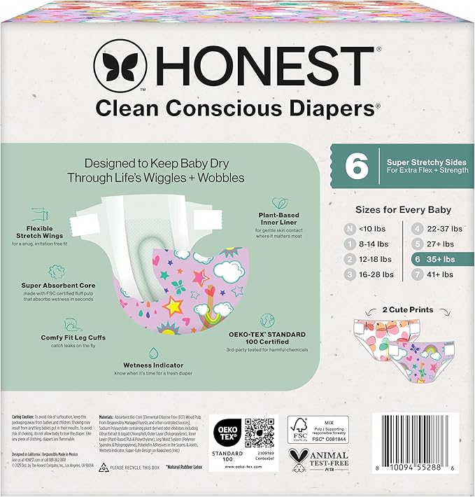 The Honest Company Comfort Dry Disposable Diapers for Sensitive Skin, Hypoallergenic, Fragrance-Free, Sky's The Limit + Wingin It, Club Box, Size 6 (35 lbs), 40 Count