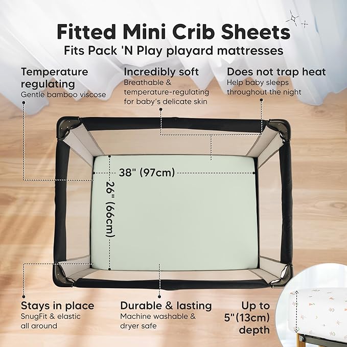 Pack and Play Sheets Fitted - 2-Pack Mini Crib Sheets for Pack N Play Mattress 38x26, Soft & Cozy, Neutral Toddler Playard Bedding, Snug Fitted Mini Baby Crib Mattress Cover Boy, Girl (Wildflowers)