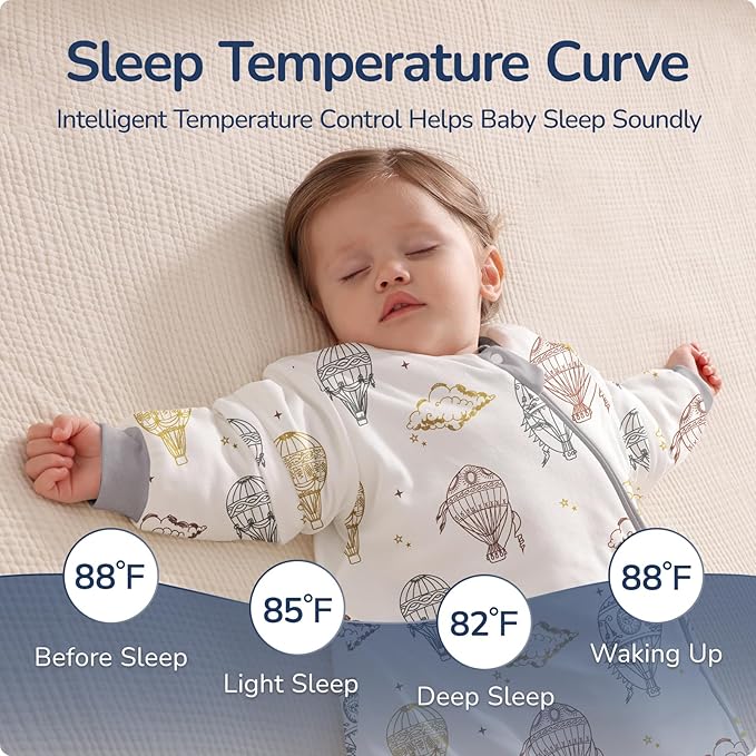 Baby Sleep Sack 6–12 Months, 2.5 TOG Warm Cotton Sleep Sack with Detachable Long Sleeves, Winter Wearable Blanket for Cold Nights, 2-Way Zipper Toddler Sleeping Sack, Hot Air Balloon