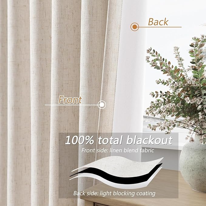 Guken 100% Blackout Linen Curtains 98 Inch Wide by 52 Inch 2 Panels Set for Living Room Bedroom Back Tab Thermal Insulated Black Out Drapes Room Darkening Window Curtains, Linen