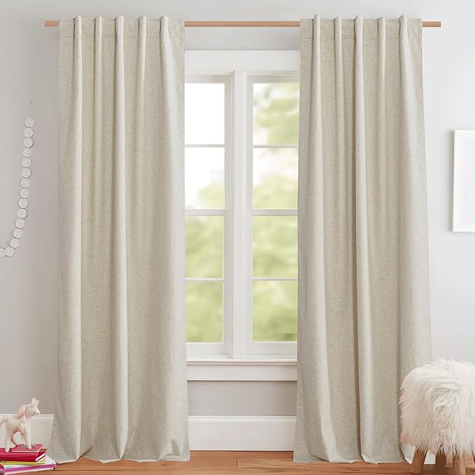 NICETOWN Natural Full Blackout Back Tab Linen Curtains 84" Long 2 Panels, Boho-Chic Thick Linen Blend Drapes for Bedroom, Thermal Insulated Window Covers with White Backing for Cafe Bar (42" Wide)
