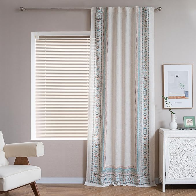 MYSKY HOME Boho Curtains & Drapes Sheer Linen Look Window Curtains 95 inches Long Light Filtering Privacy Protect Damask Pattern Decoration Texture Soft Touch Back Tab, 50" x 95", Teal, 2 Panels