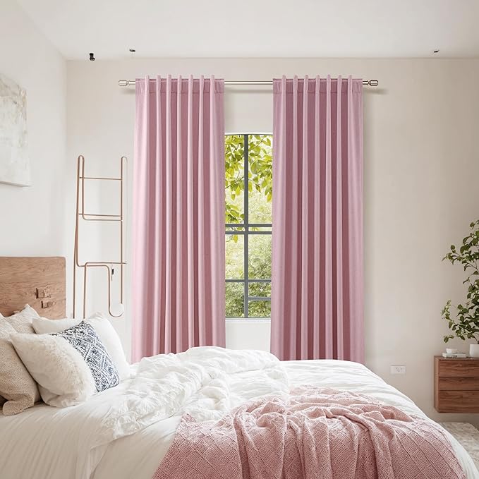 Guken 100% Blackout Curtains 96 Inch Length 2 Panels Set for Living Room Bedroom Back Tab Thermal Insulated Black Out Linen Drapes Room Darkening Rose,52x96