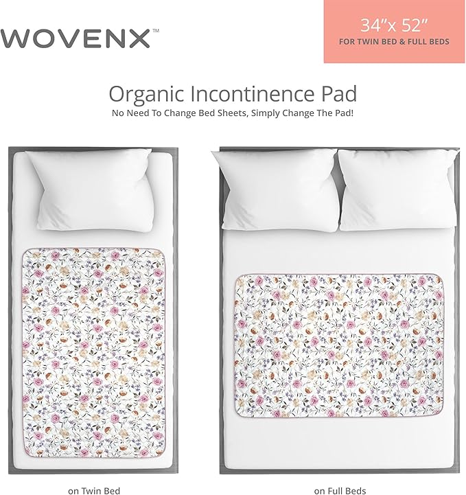 WOVENX Organic Incontinence Pads for Kids & Toddlers - 5 Layer Waterproof Protectors for Overnight Bed Wetting - Reusable & Washable Pee Pads - Fits Twin to Full Size Beds - 34" x 52" Flower