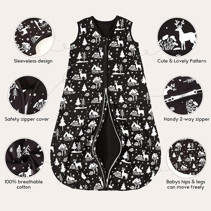 Yoofoss Baby Sleep Sack 0-6 Months 0.5 TOG Baby Wearable Blanket, 100% Organic Cotton Infant Toddler Sleeping Sack 2-Way Zipper Lightweight Sleep Sack, Black Forest