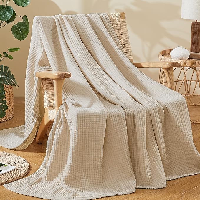 EMME Cotton Muslin Queen Blanket Bed Layering Bedspread Coverlet Breathable Gauze Soft Lightweight Blankets (Beige, 90"x90")