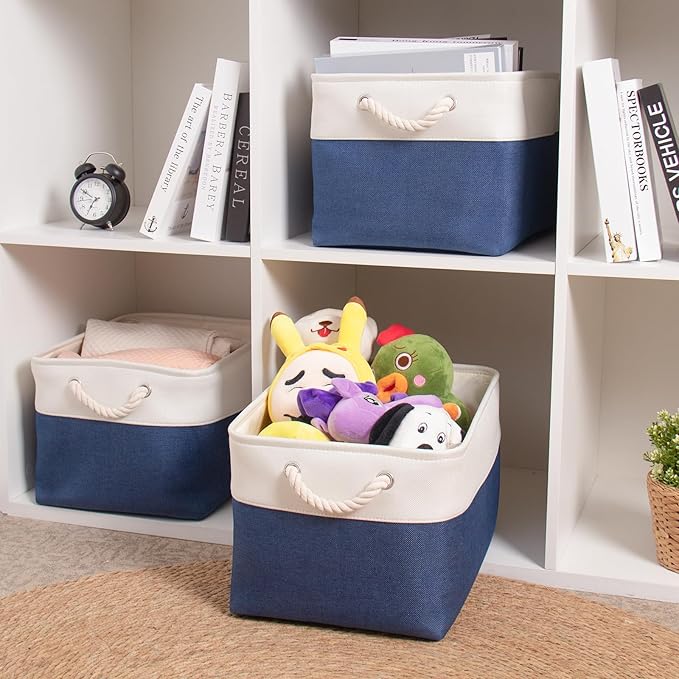 HOdo Home 3PCS Storage Bins, Fabric Bin with Drawstring Closure and 2 Bold Handles, Collapsible Large Canvas Baskets for Organizing Shelf Nursery Home Closet (15.8×11.8×9.5 In, White and Navy)