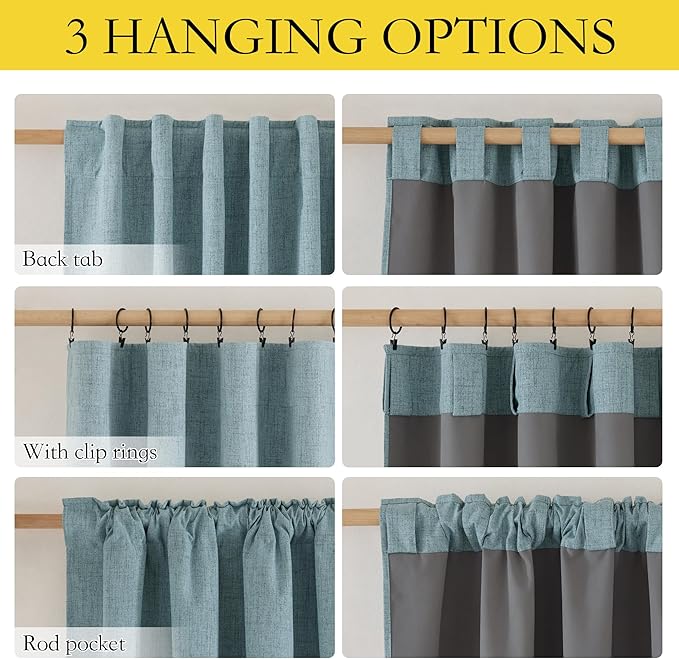 NICETOWN Skylark Blue Bedroom Full Blackout Linen Curtain, Thick Linen Blend Thermal Insulated Classic Back Tab Blackout Draperies with White Liner for Nursery (Set of 2, 52 by 72-inch)