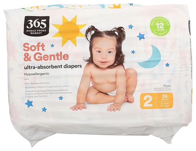 365 by Whole Foods Market, Soft & Gentle Size 2 Diapers with Wetness Indicator, Ultra-Absorbent, Hypo-Allergenic, 36 Count