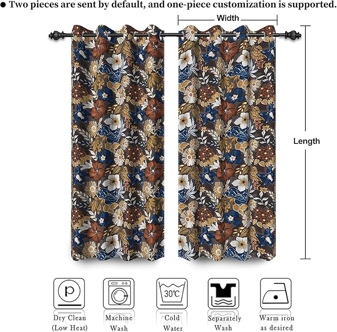 Renaiss Bohemian Floral Blackout Curtains, Blue Brown White Flower Thermal Insulated Bedroom Window Curtains, Boho Style Patterned Window Curtains for Kitchen, 63" L x 53" W 2 Panel Set