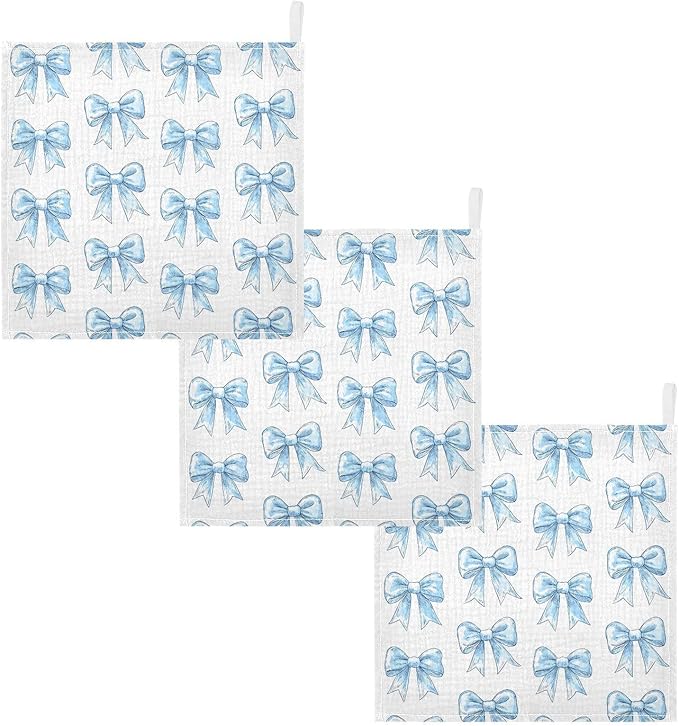 vvfelixl Light Blue Silk Bow Baby Burp Cloths Baby Muslin Washcloths for Boys Girls Cotton Babys Face Towel for Newborn Infants Soft and Absorbent 11.8 X 11.8 in, 5 Pack