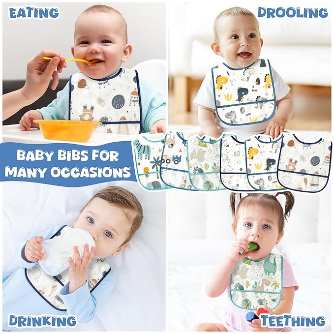 2ooya 6Pcs Baby Bibs for Feeding Toddler Eating Bibs with Crumb Catcher Pocket Waterproof Sleeveless Teething Plastic Food Bib Set Adjustable Infant Keepsake Gift for Boys Baby Shower, 6-24 Months