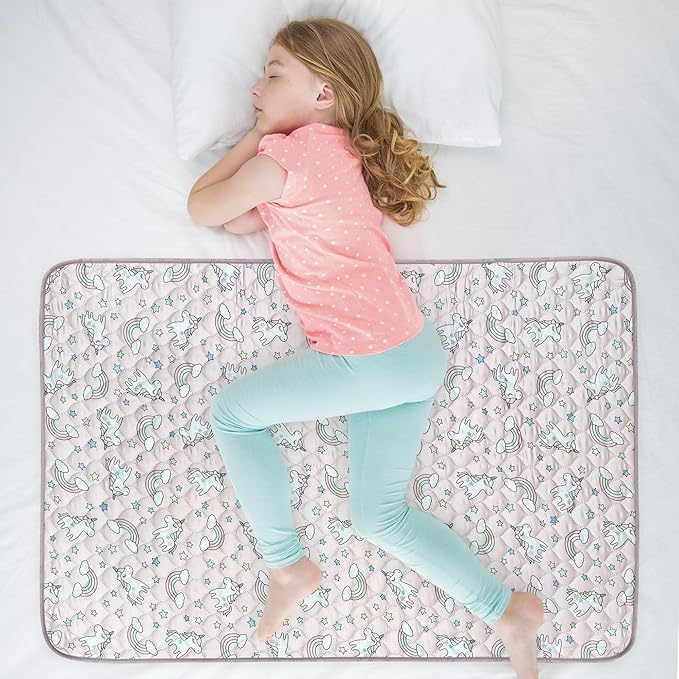 WOVENX Organic Incontinence Pads for Kids & Toddlers - 5 Layer Waterproof Protectors for Overnight Bed Wetting - Reusable & Washable Pee Pads - Fits Twin to Full Size Beds - 34" x 52" Unicorn