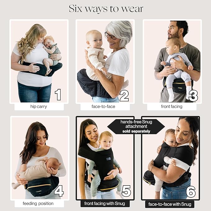 Tushbaby Original Hip Seat Baby Carrier for Babies & Toddlers up to 45 lbs, Safety Certified, Lightweight No-Foam Design with Storage & Nursing Support, Grey