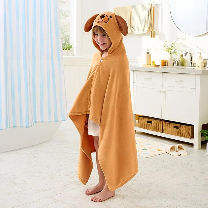 Joiedomi Hooded Towel for Kids Soft 100% Cotton Bath Beach Towel 30" x 50" for Kids 3-10 Years Toddler Pool Poncho with Hood Absorbent Swim Wrap for Boys Girls Brown Dog
