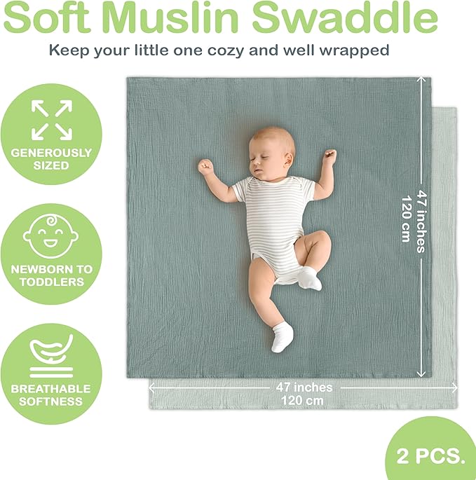 100% Organic Cotton Muslin Baby Blanket - 47 x 47 Inch Breathable Swaddle Blankets for Newborns, Hypoallergenic Double-Layer, Soft and Cozy Baby Blankets for Everyday Use (Green/Mint Green)