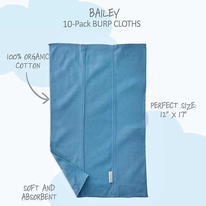 Butterblu Bailey 10-Pack Burp Cloths 100% Organic Cotton Knit for Newborn & Baby Boys & Girls, Sunny Blue Rainbow, One Size