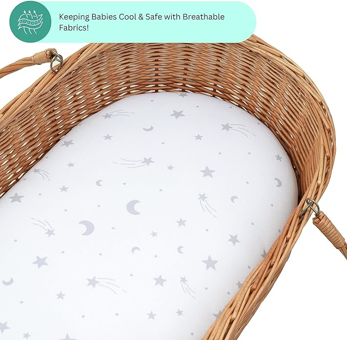 Bassinet Sheets for Maxi COSI Iora, Munchkin Brica Fold N' Go, 4moms MamaRoo, Delta Children Bassinet, 3PC, 18 x 33 Inch, Ultra Soft, Breathable, Snug Fit, Unisex Boys Girls (Moon, Stars, Clouds)