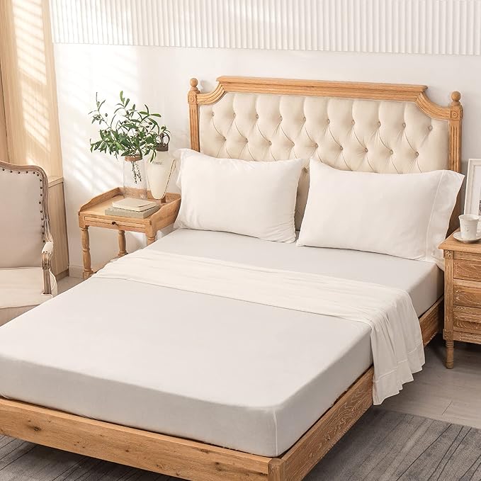 PURE ERA Jersey Knit 4pc Bed Sheet Set 100% T-Shirt Cotton Super Soft Comfy Breathable Fits Mattress Up to 20" Extra Deep Pocket(Solid Off White,Queen)