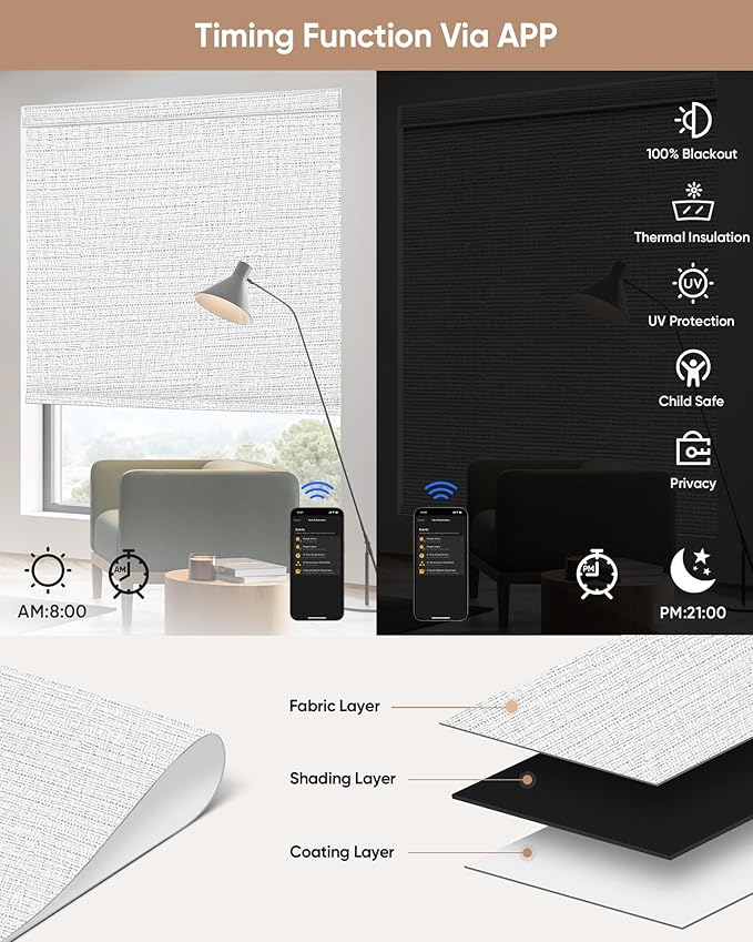 Kincmo Motorized Blinds with Remote,100% Blackout Motorized Roller Shades Work with Apple Homekit,Alexa,Google, Custom Electric Blinds with App,Voice Control (Aqua Waves White)
