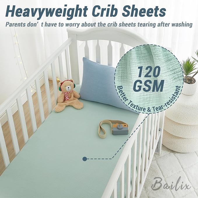 Heavyweight Muslin Baby Crib Sheets - 2PCS 52"x28" Neutral Fitted Crib Sheets for Boys Girls, Breathable Soft 100% Organic Cotton Standard Baby Mattress Sheet (Blue, Light Green)