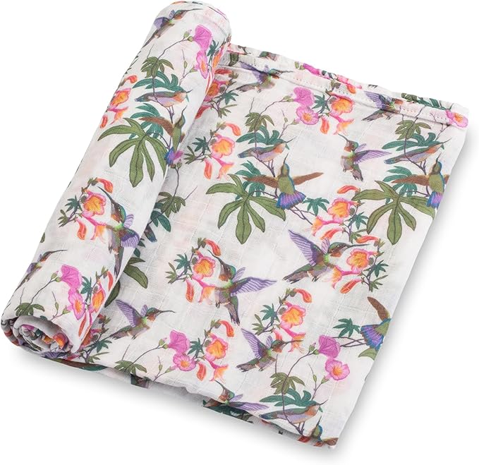 LollyBanks Baby Swaddle Blanket, 100% Cotton Muslin Blankets for Girls, 47 x 47 Inches Soft and Breathable Swaddles for Newborn, Gentle Baby Wrap Swaddle, Registry (Hummingbird Print)