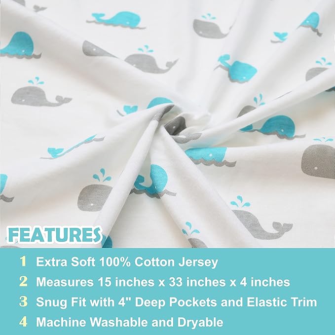 American Baby Company 15" x 33" Fitted Bassinet Sheet, 100% Natural Cotton Jersey Knit, Alphabet/Aqua/White, Soft Breathable, for Boys and Girls, Pack of 3