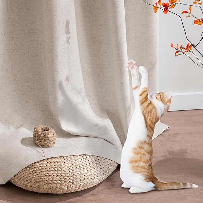 PrinceDeco Nature Linen Blackout Curtains 96 Inch Long Thermal Insulated Draperies Sun Block & Room Darkening Curtains for Bedroom Windows with Nickel Grommet(2 Panels Set,Heathered Natural)