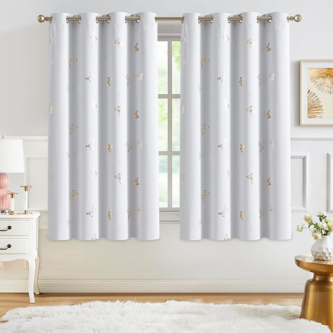 Jubilantex Metallic Butterfly Blackout Curtains 54" Long for Small Window Greyish White and Gold Print Butterfly Curtains Energy Saving Grommet Top for Bedroom Girls Room,52 W