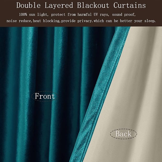 100% Full Blackout Teal Green Velvet Curtains 63 inch Long for Living Room,Set of 2 Panels Liner Rod Pocket Back Tab Thermal Window Curtains Room Darkening Heavy Decorative Drapes for Bedroom