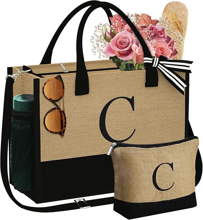 YOOLIFE Valentines Day Gifts for Her - Initial Jute Tote Bag & Makeup Bag, Birthday Gifts for Women Teacher Mom Wife Friend