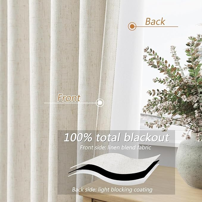 Guken 100% Blackout Cream Linen Curtains 52 Inch Wide by 66 Inch 2 Panels Set for Living Room Bedroom Back Tab Thermal Insulated Black Out Linen Drapes Room Darkening Window Curtains