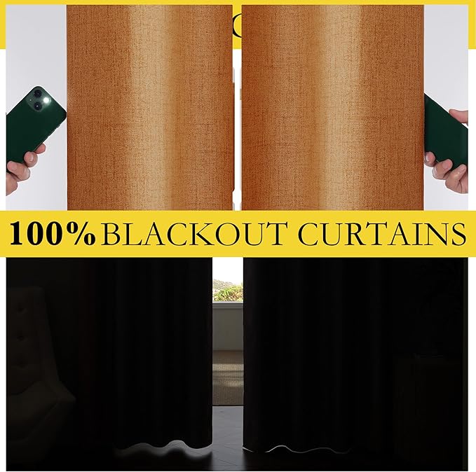 NICETOWN 100% Blackout Curtains for Living Room, W52 x L84 in, Thick Linen Blend Rod Pocket & Back Tab, Thermal Insulated Draperies with Grey Liner for Decoration(Set of 2, Pumpkin)