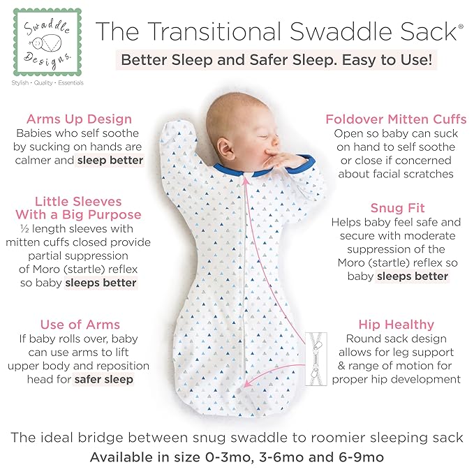 SwaddleDesigns Transitional Swaddle Sack, Arms Up Half-Length Sleeves & Mitten Cuffs, Swaddle for Newborn Transition to Baby Sleep Sack Wearable Blanket, Lrg, 6-9 Month, 21-24 lb, Blue Tiny Triangles