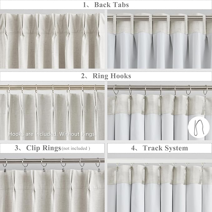 WEST LAKE Natural Bailey French Pinch Pleat Blackout Curtains with Liner,Linen Blended Farmhouse Drapes with Backtabs Hooks,Energy Efficient Window Treatment for Bedroom Living Room,60"Wx102"L,1 Panel