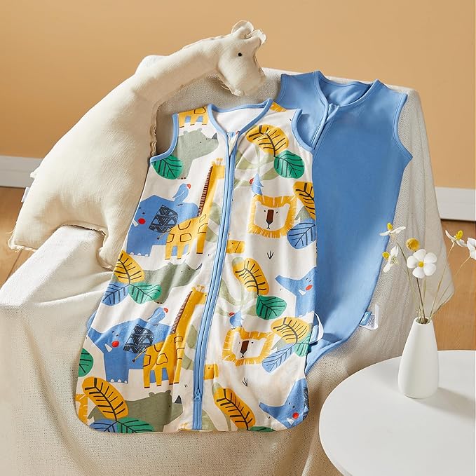 TILLYOU 2 Pack Infant Sleep Sack 0-6 Months 100% Cotton Wearable Blanket 0.5 TOG Sleeveless Summer Sleep Sacks with 2-Way Zipper, Animal Geometry & Blue