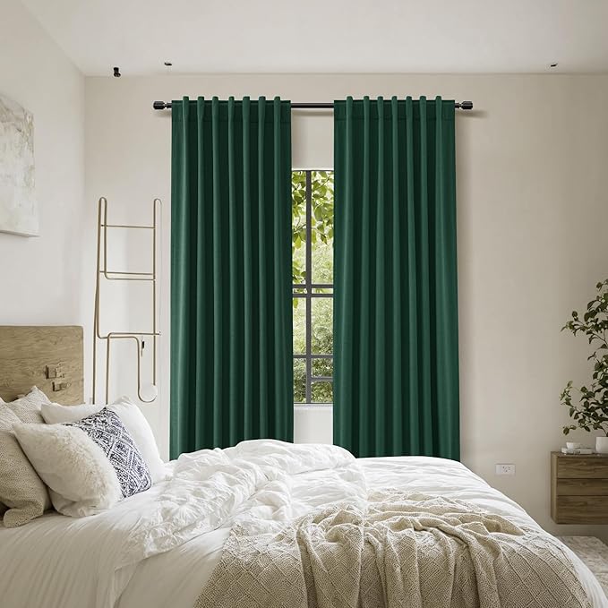 Guken Dark Green 100% Blackout Curtains 90 Inch Length 2 Panels Set for Living Room Bedroom Back Tab Thermal Insulated Black Out Linen Drapes Decor 52x90 Long