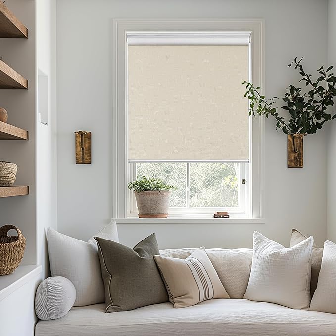 ChrisDowa Cordless 100% Blackout Roller Shade, with Striped Jacquard, Thermal Insulated, UV Protection Fabric, Total Blackout Blinds for Window, French Doors, Home and Office.Beige, 22" W x 72" H