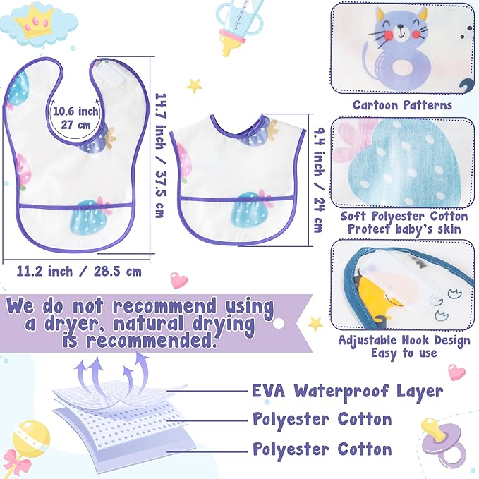 2ooya 6Pcs Baby Feeding Bibs with Crumb Catcher Pocket Waterproof Sleeveless Teething Plastic Food Bib Set Adjustable Toddler Infant Keepsake Gift for Baby Shower, 6-24 Months