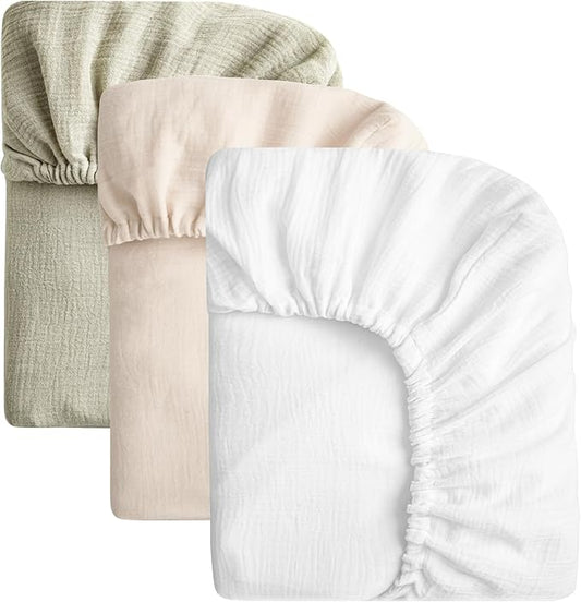 SOULFUL Muslin Crib Sheets for Boys Girls, 3 Pack Soft and Breathable Cotton Fitted Crib Sheets for Standard Crib Mattress (28"x 52", White & Beige & Mist Sage)