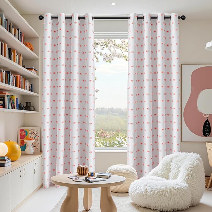 MEETSKY Pink Pom Pom Total Blackout Curtains for Girls Bedroom 90 Inch Long 100% Light Blocking Nursery Curtains for Living Room 2 Panels Room Darkening Grommet Double Layer Window Drapes 52W x 90L