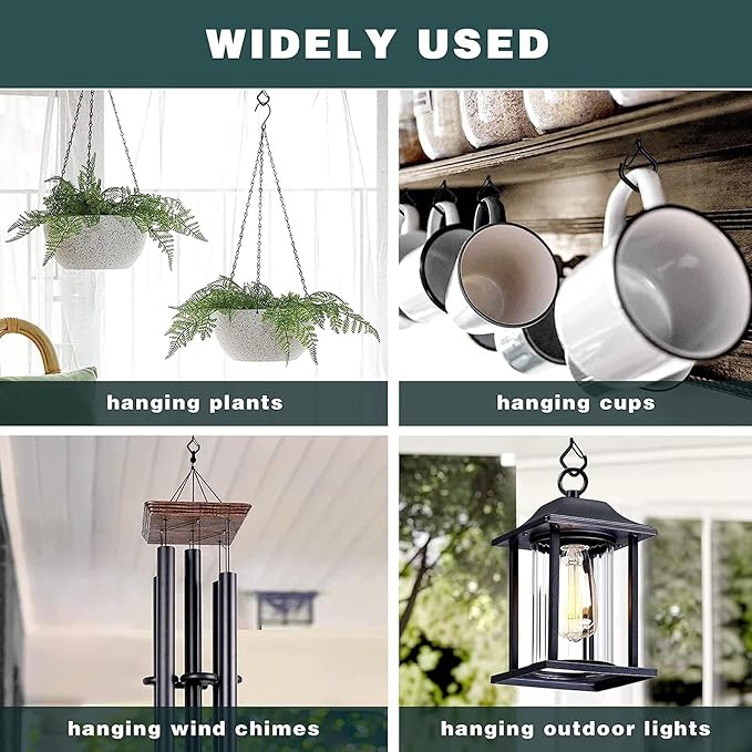 30 Pcs Outdoor Hooks for String Lights,Screw Hooks for Hanging Plants,Ceiling Hooks with Safety Buckle,Square Hanger for Wind Chimes,Bird Feeder,Lanterns,Christmas Decorations (Black)