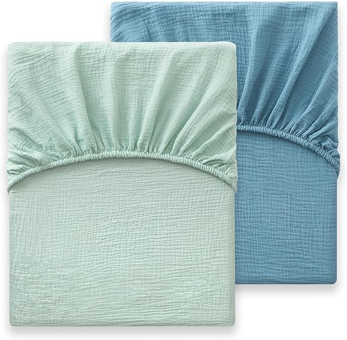 Heavyweight Muslin Baby Crib Sheets - 2PCS 52"x28" Neutral Fitted Crib Sheets for Boys Girls, Breathable Soft 100% Organic Cotton Standard Baby Mattress Sheet (Blue, Light Green)