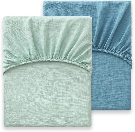 Heavyweight Muslin Baby Crib Sheets - 2PCS 52"x28" Neutral Fitted Crib Sheets for Boys Girls, Breathable Soft 100% Organic Cotton Standard Baby Mattress Sheet (Blue, Light Green)