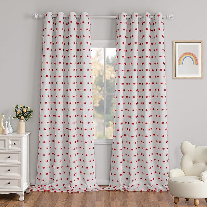 MYSKY HOME Blackout Curtains for Girls Bedroom with Red Pom Pom Sheer 90 Inch Long Total Light Blocking Curtains for Living Room 2 Panels 100% Room Darkening Grommet Double Layer Drapes 52" x 90"