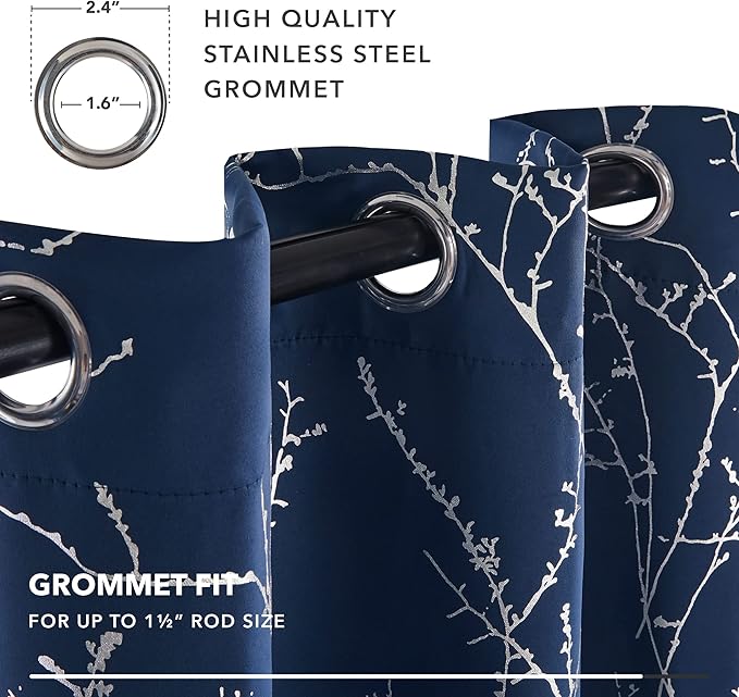 Deconovo Blackout Curtains, Navy Blue Curtain, Thermal Insulated Soundproof Drapes, Branch Silver Print, 52 x 108 Inch Long, Machine Washable Grommet Panels for Sliding Door Bedroom Home, Set of 2