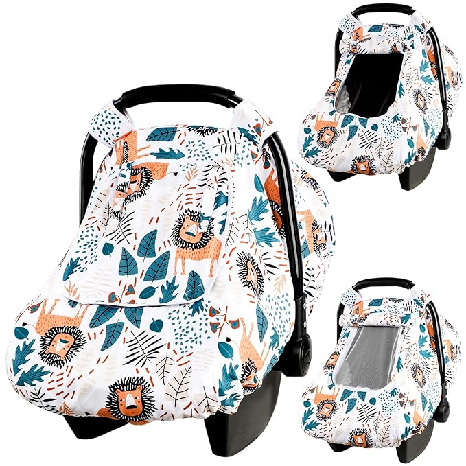 Baby Car Seat Cover, Winter Car Seat Covers for Babies, Carseat Cover Boy, Mink Carseat Canopy with Window, Cozy & Warm Cover, Lion