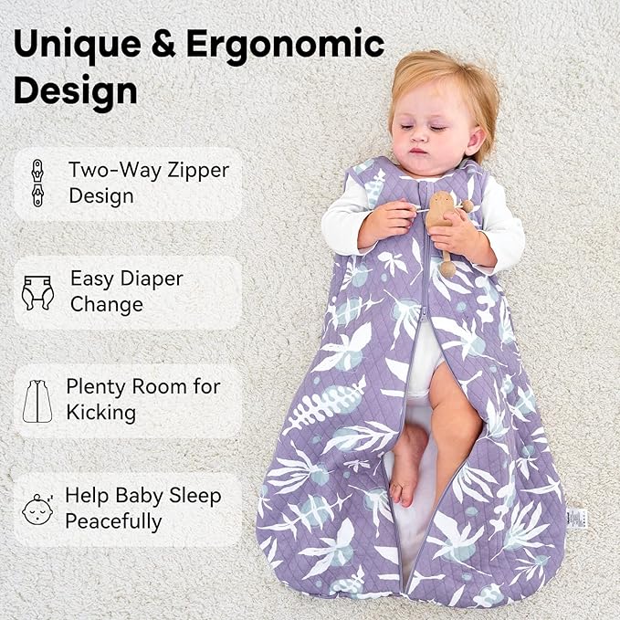 Unnivoll Baby Sleep Sack 12-18 Months 1.5 Tog Baby Wearable Blanket 100% Cotton Fabric Warm Sleeping sack with 2-Way Zipper Quilted for Toddler Infant Tog Purple Leaves